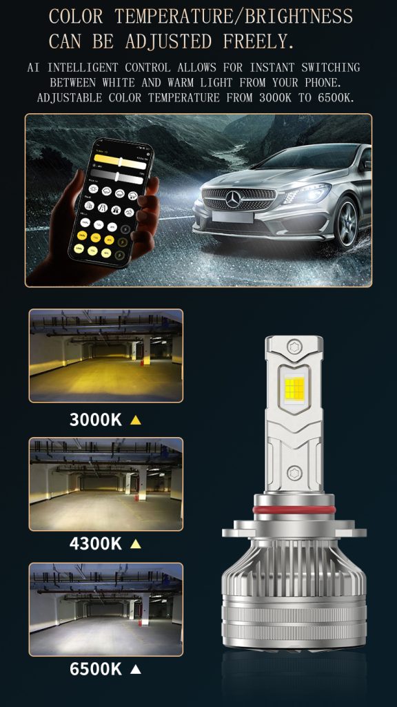Smart APP Control Tri-Color LED Headlight Bulb Dual Copper Tube 3000K 4300K 6000K H1 H4 H7 H11 9005 9006 9012