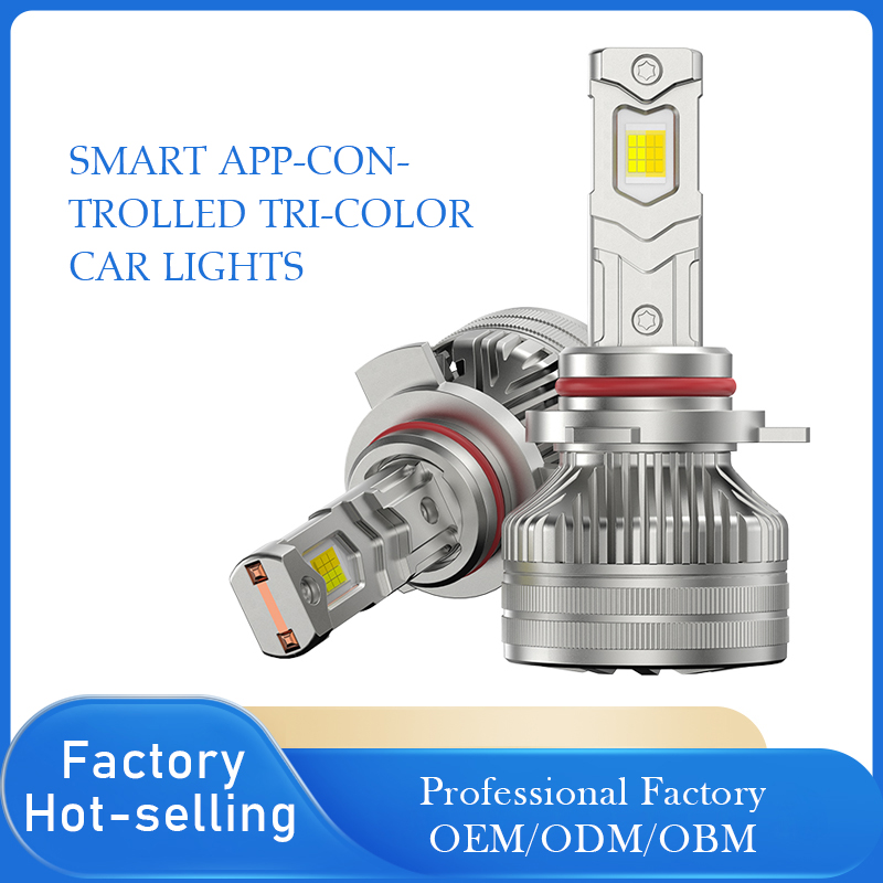Smart APP Control Tri-Color LED Headlight Bulb Dual Copper Tube 3000K 4300K 6000K H1 H4 H7 H11 9005 9006 9012
