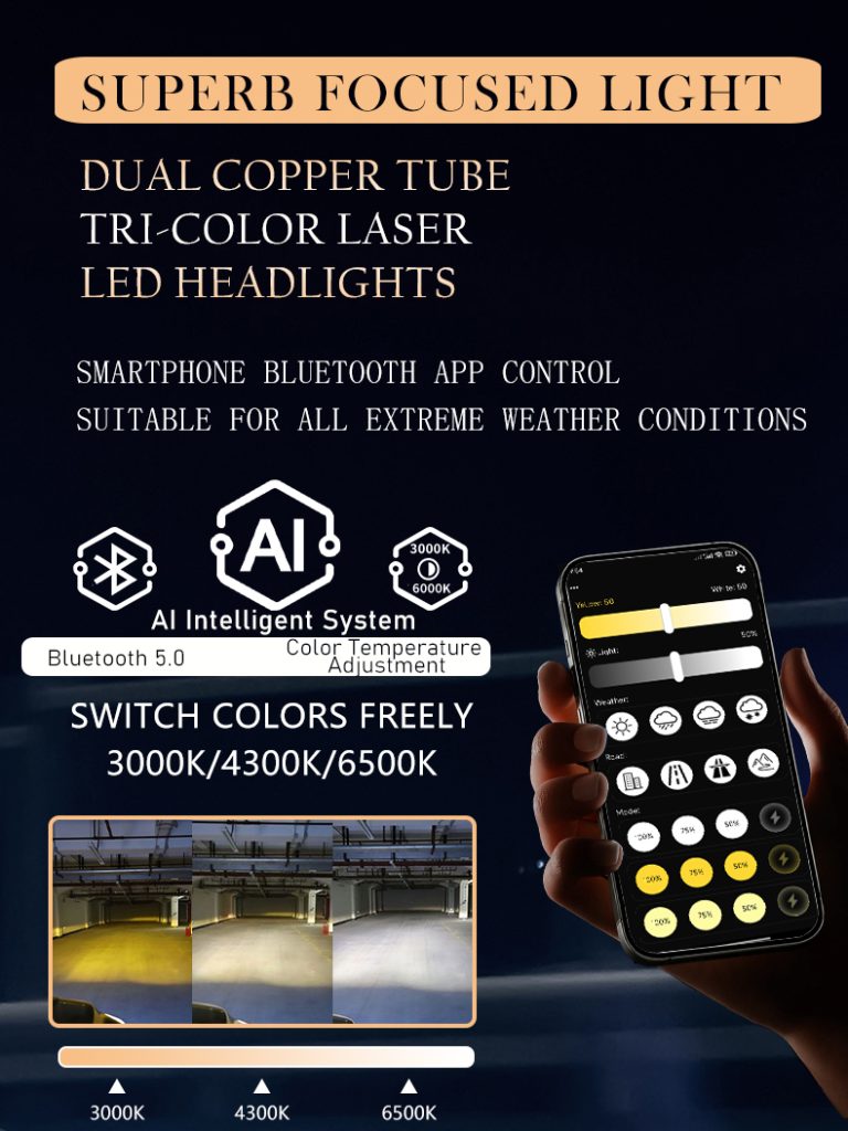 Smart APP Control Tri-Color LED Headlight Bulb Dual Copper Tube 3000K 4300K 6000K H1 H4 H7 H11 -R14
