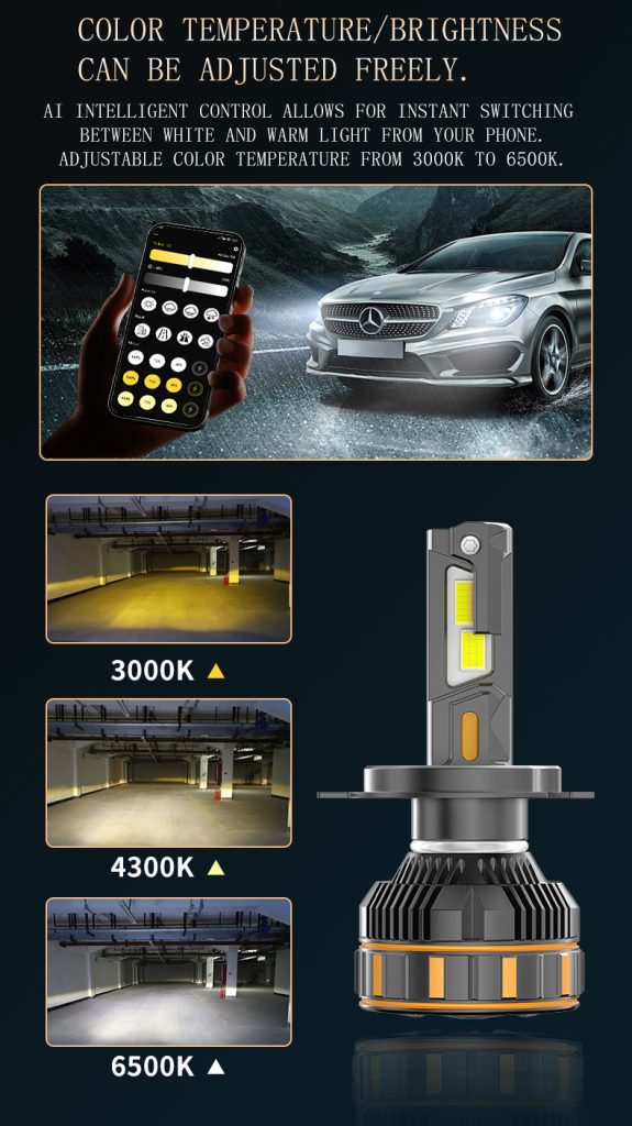 Smart APP Control Tri-Color LED Headlight Bulb Dual Copper Tube 3000K 4300K 6000K H1 H4 H7 H11 -R14