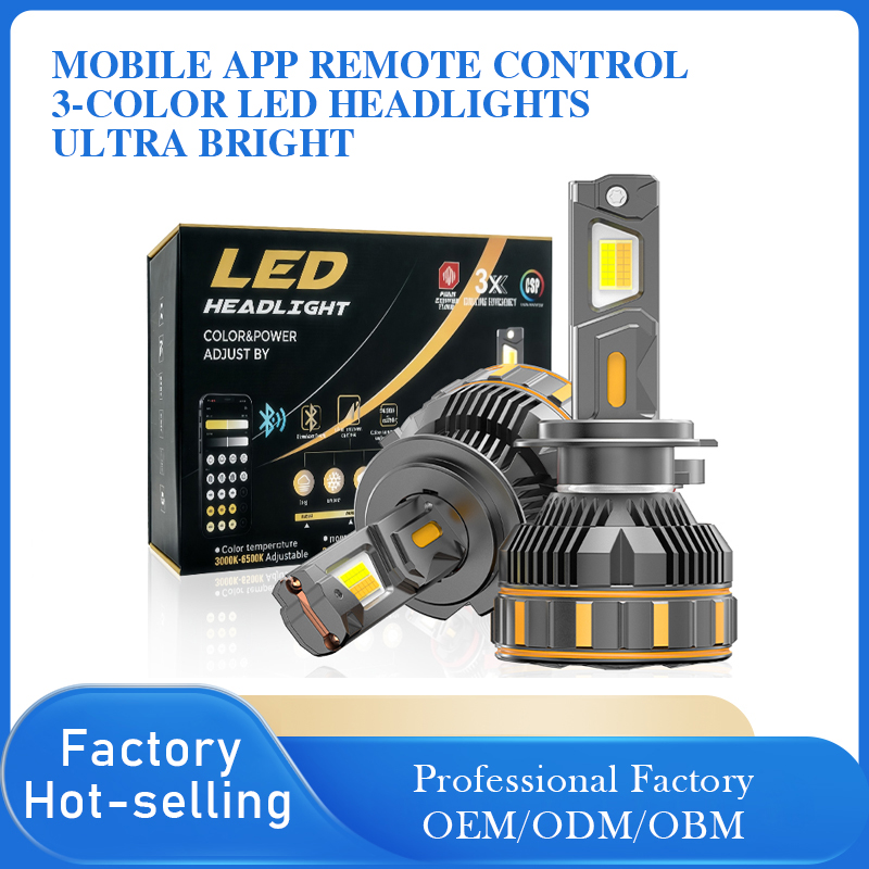 Smart APP Control Tri-Color LED Headlight Bulb Dual Copper Tube 3000K 4300K 6000K H1 H4 H7 H11 -R14