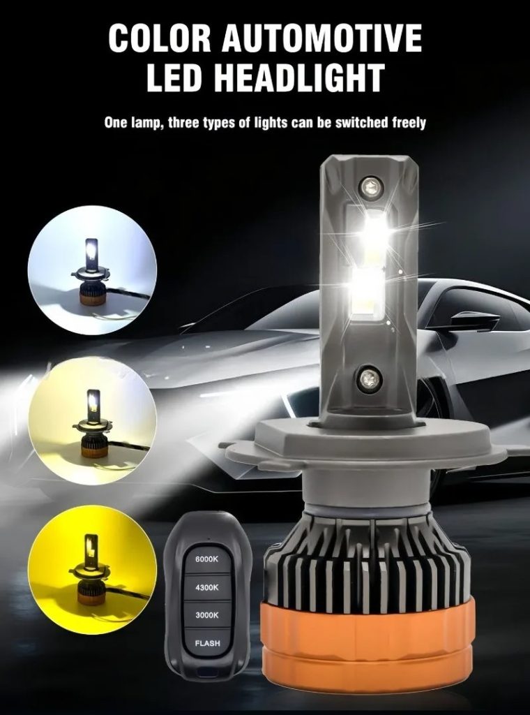 Smart Remote Control Tri-Color LED Headlight Bulb 3000K 4300K 6000K and Flash
