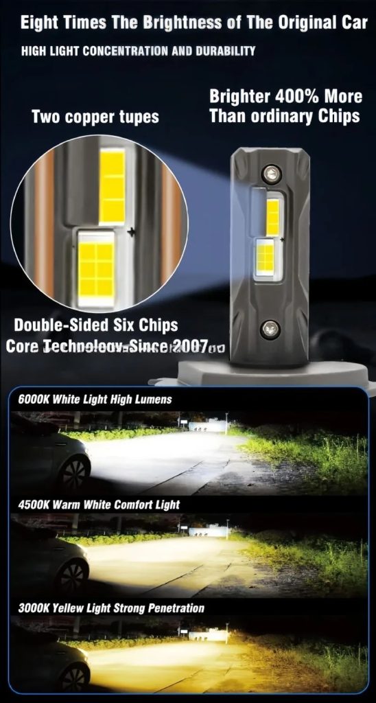 Smart Remote Control Tri-Color LED Headlight Bulb 3000K 4300K 6000K and Flash