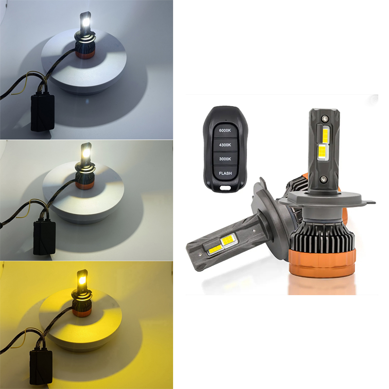 Smart Remote Control Tri-Color LED Headlight Bulb 3000K 4300K 6000K and Flash